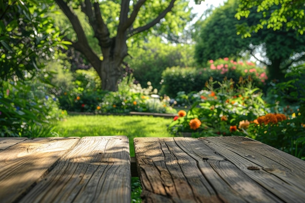 Photo empty sturdy wooden table summer time blurred backyard garden background