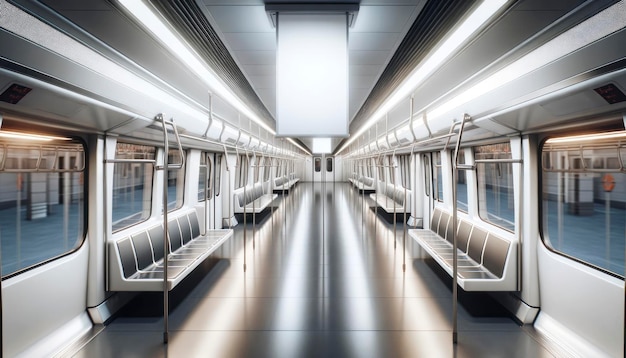 An empty subway train interior with seats poles and a large blank advertising panel overhead Modern design on a metallic and reflective background Generative AI