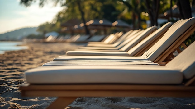 Photo empty sun beds at the beach of the hotel in relief of the epidemic generative ai