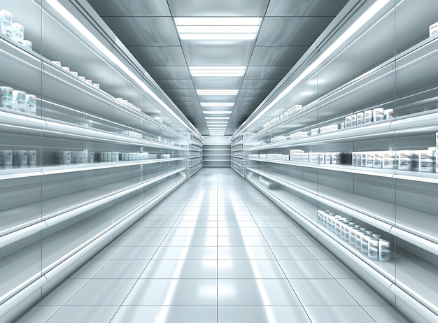 Empty Supermarket Aisle with Glass Shelves and White Tiles