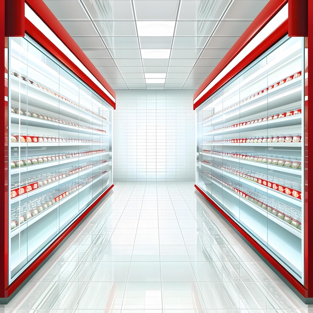 Empty Supermarket Aisle with Refrigerator Shelves