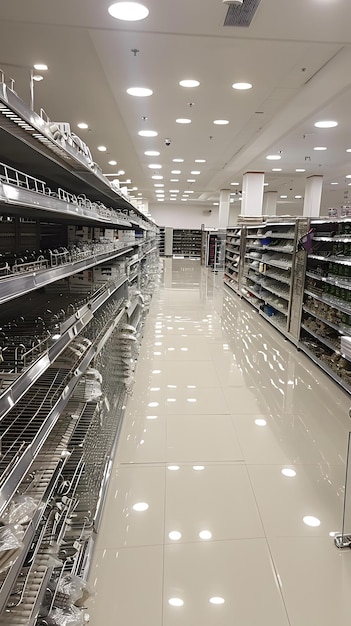 Photo empty supermarket aisle with shelves full of merchandise