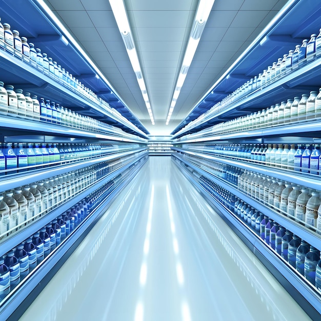 Empty Supermarket Aisle with Shelves of Water Bottles