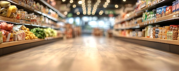 Photo empty supermarket aisle with wooden floor and shelves full of groceries