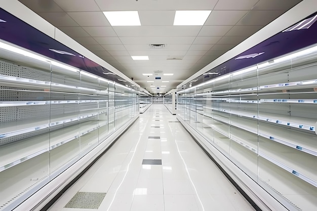 Empty Supermarket Aisles with Glass Shelves