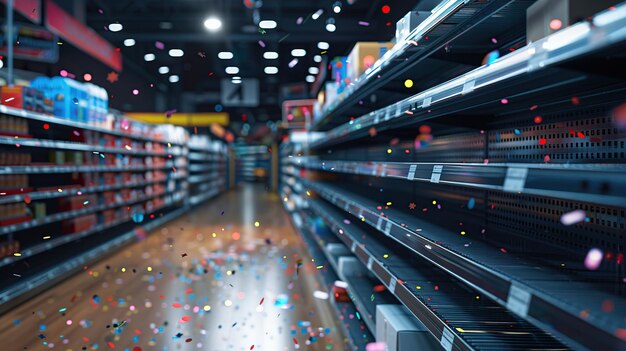 Photo empty supermarket shelves with confetti