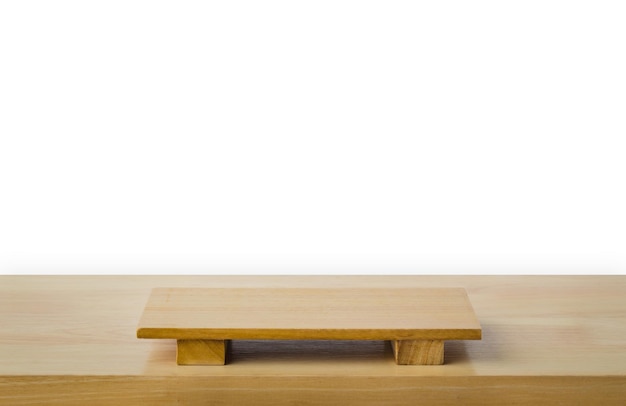 Empty sushi board on wood table with white background Top view of plank wood for graphic stand product interior design or montage display your product