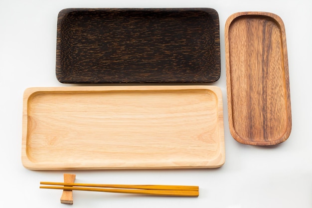 Empty sushi tray board on white background Top view of plank wood for graphic stand product interior design or montage display your product