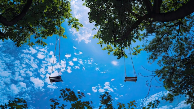 Photo empty swings hanging from chains in a park viewed from below against a bright blue sky with scattered clouds generative by ai