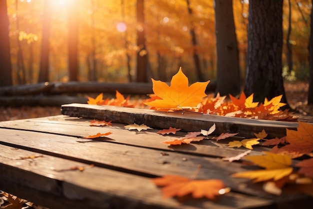 empty Table Autumn Orange Leaves And Wooden Plank At Sunset In Forest natural ai generated