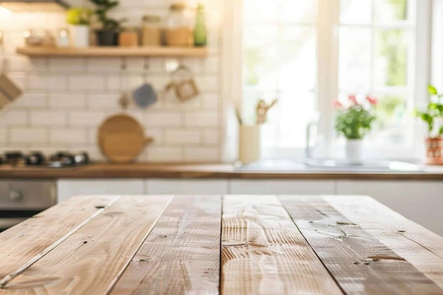 Empty table blurred modern kitchen background