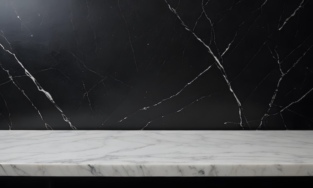 Empty table marble black counter top on black wall background High quality photo