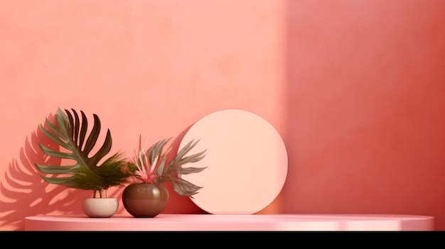 Empty table on pink texture wall background Composition with leaves shadows on the wall and light