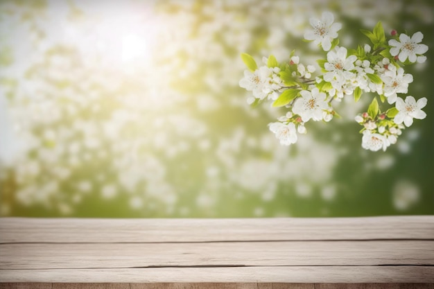 Empty table for product display with flower spring blur background