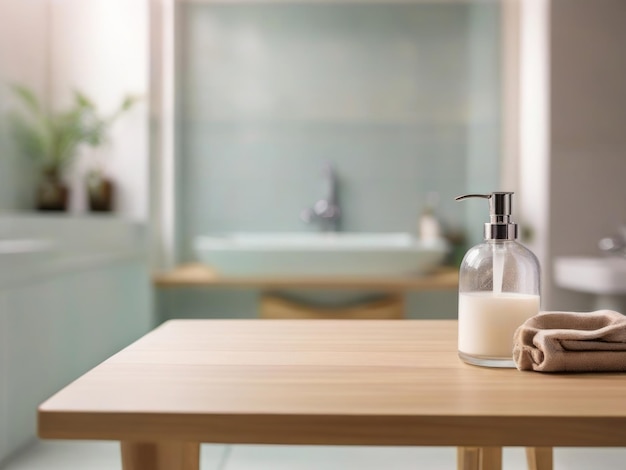 Empty table for product display on wood tabletop over blurred elegance bathroom background