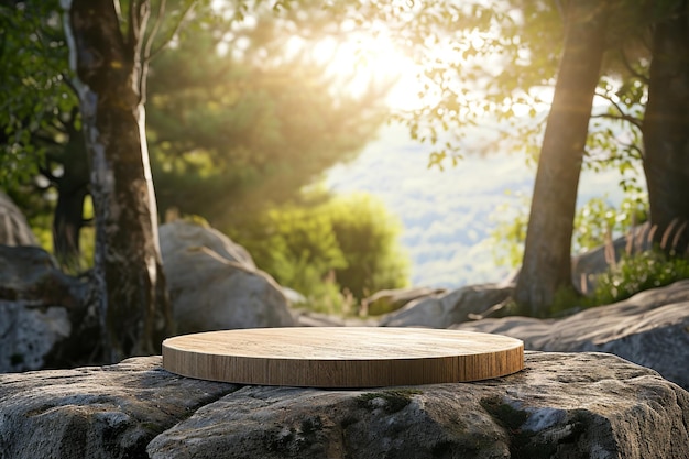 Empty table top made from an old tree stump with green forest background Natural product placement pedestal stand display jungle paradise concept