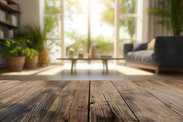 Empty Table with Abstract Blurred Living Room Background for Product Display