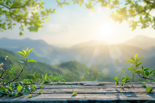 Empty table with blurred mountain landscape and blue sky