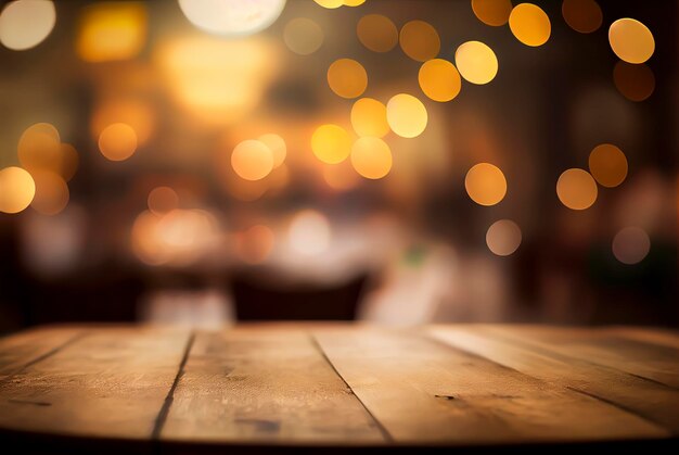 Empty table with a defocused bokeh background of golden lights