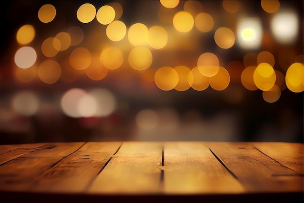 Empty table with a defocused bokeh background of golden lights