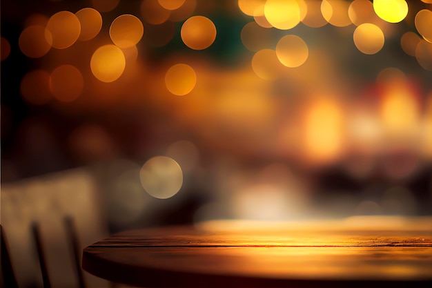 Empty table with a defocused bokeh background of golden lights