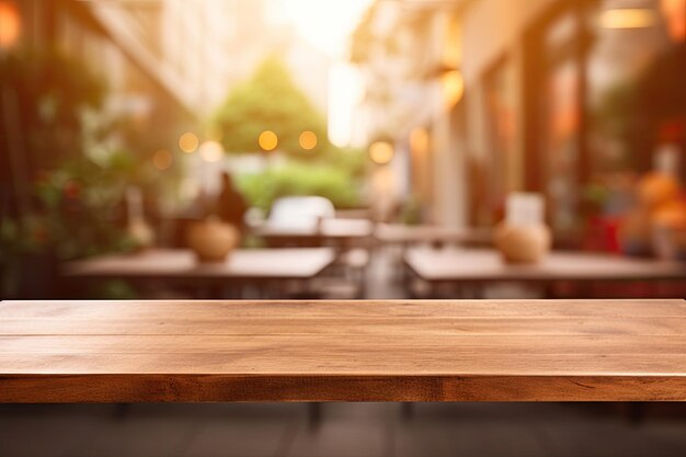 An empty table with a wooden board is placed in front of a blurry background The perspective of the