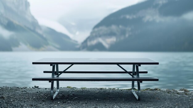 Empty tabletop for product display in camper van trailer parking lot with picnic table and mountain