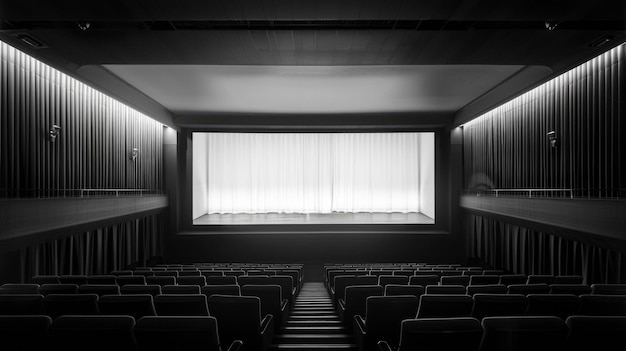 Empty Theater Seats Facing a White Stage Curtain