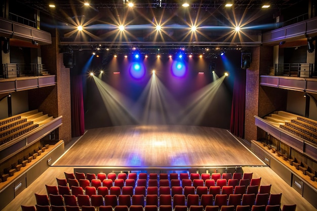 Empty theater stage illuminated by spotlights from a high angle drama theater high angle view