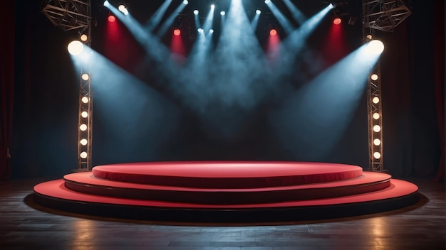 Empty theater stage with red curtains and dramatic spotlights