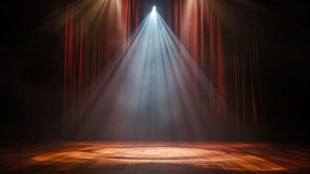 Empty theater stage with red curtains and spotlight