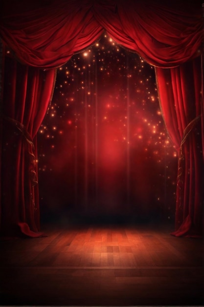 Empty theater stage with red velvet curtains with spotlight by award ceremony background