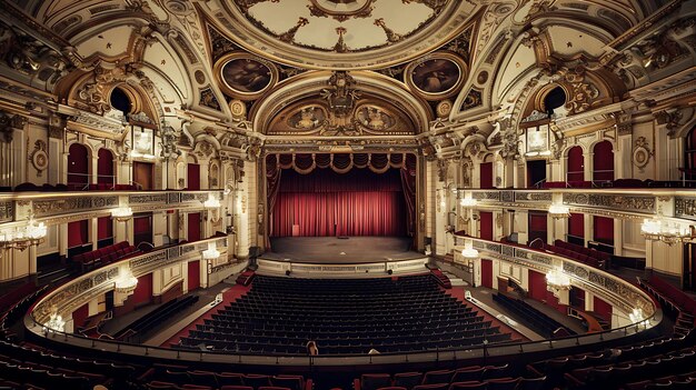 Photo empty theater with a red stage curtain