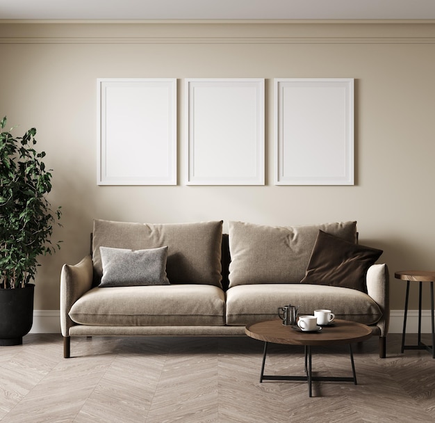 Empty three poster frames on beige wall in living room interior with modern furniture and plant