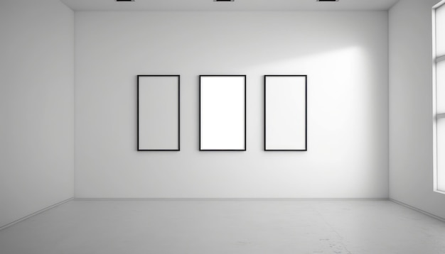 Empty three whiteblack frames on a white wall in the room Mockup