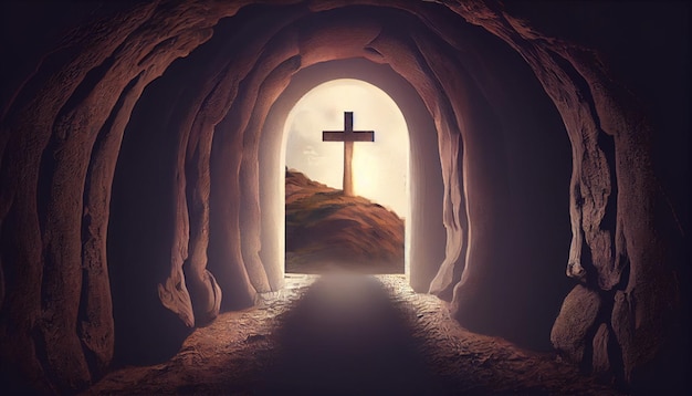 Empty tomb of Jesus with open entrance and cross AI generative