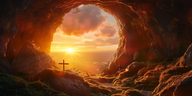 Photo an empty tomb with a crucifixion scene silhouetted against the sunrise symbolizing the resurrection the early morning light casts a golden glow over the scene