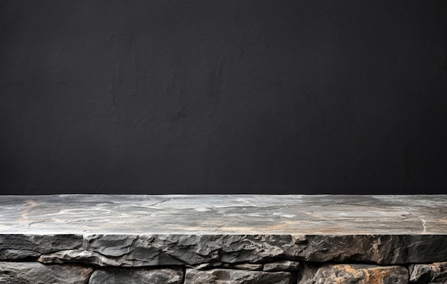 Photo empty top of natural stone table and black wall background