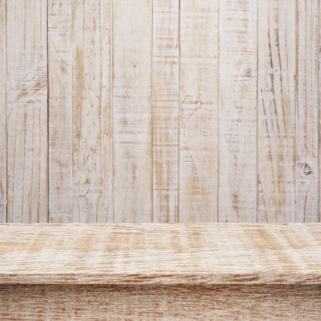 Empty top Wood shelves or table on wall background.