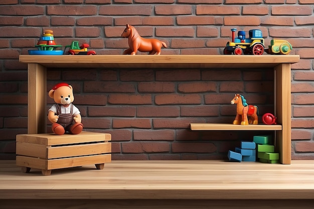 Empty top wooden table and antique toy on wood shelf with brick wall For product display montage