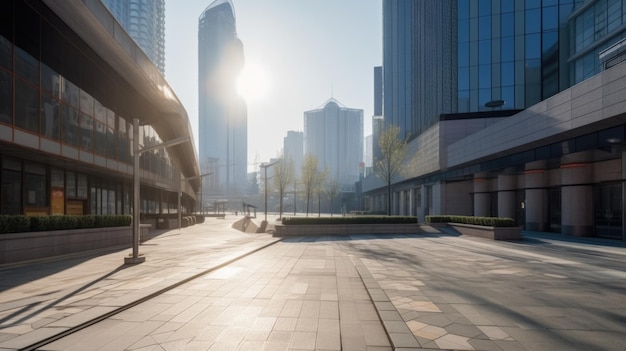 Empty town square with concrete floor in front of office buildings Generative AI AIG21