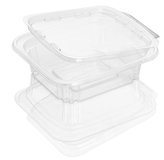 Empty transparent plastic food container isolated on white with clipping paths