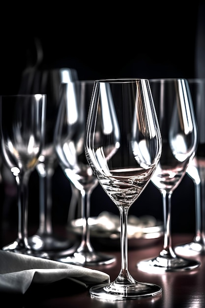 Empty transparent wine glasses on a table on dark background AI generated