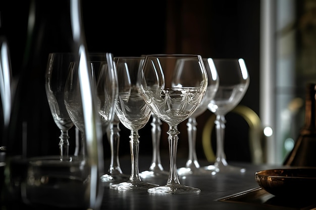 Empty transparent wine glasses on a table on dark background AI generated