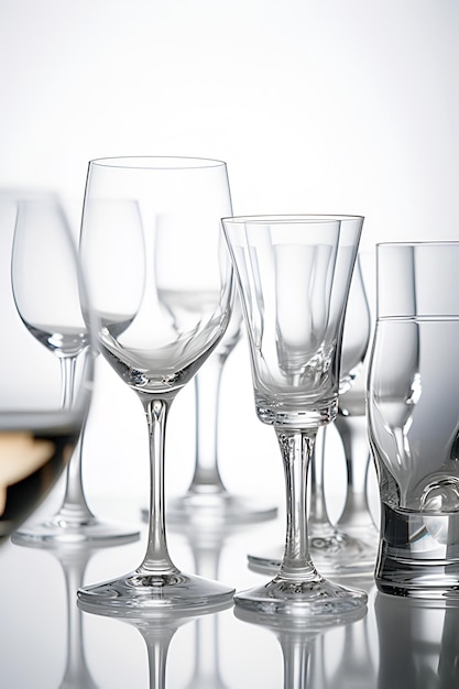 Empty transparent wine glasses on a table on light background AI generated