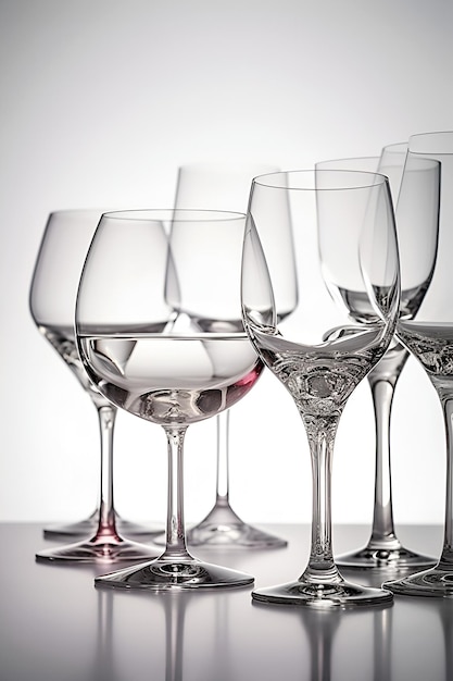 Empty transparent wine glasses on a table on light background AI generated