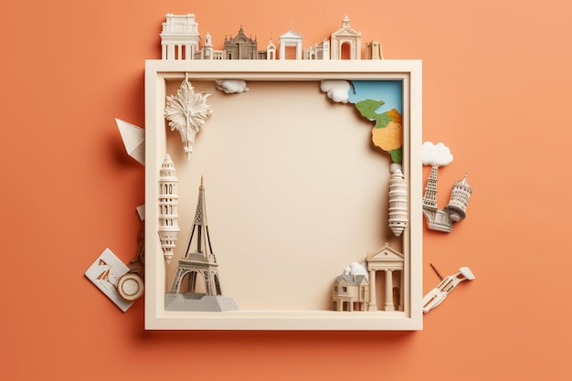 Empty travel frame surrounded with travel elements with copy space