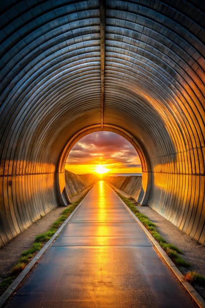 Photo empty tunnel with footpath lit by sunset