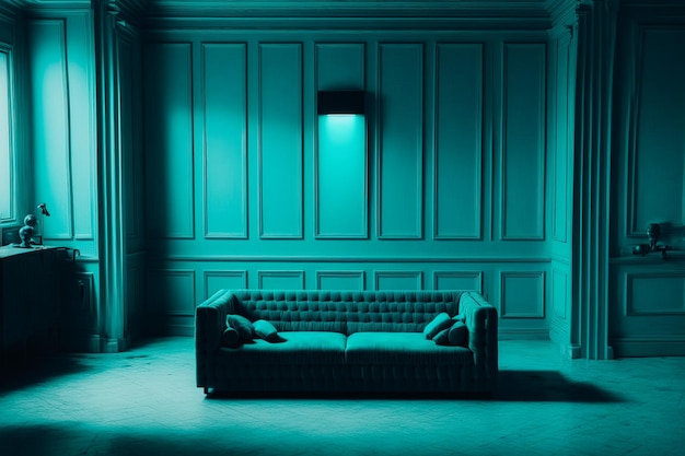 Empty turquoise big room degradade with a turquoise sofa