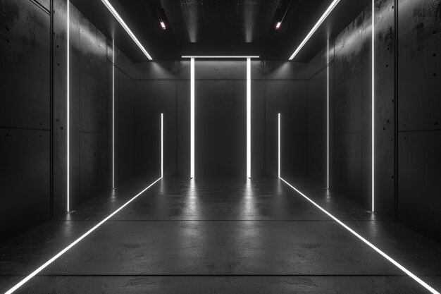 An empty underground black room like tunnel with bare walls and lighting metro